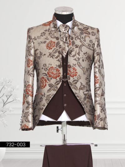 Luxury groom wedding suit – Gold & Brown Brocade Tuxedo with Satin Lapels