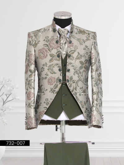 Green & Gold Floral Tuxedo – Luxury Wedding Suit for Men