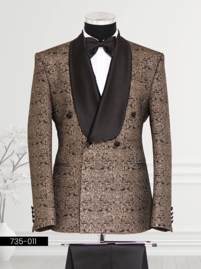 Elegant black and gold tuxedo with a satin shawl lapel and double-breasted design, ideal for weddings and high-end events.