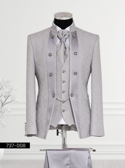 Elegant silver suit with Mandarin Collar, brocade pattern, satin buttoned lapels, and a cravat—ideal for weddings and elite events.