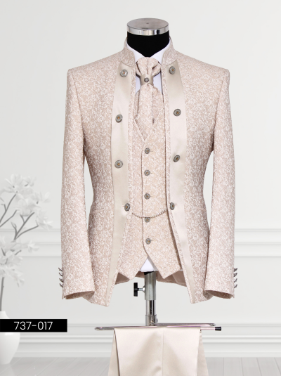 Luxurious beige suit featuring satin accents and intricate patterns, ideal for weddings and elite events.