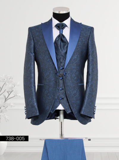 Luxurious navy blue paisley suit featuring satin peak lapels, intricate patterns, and tailored trousers—perfect for weddings and elite events.