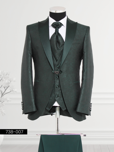 Vagant's Dark Green Paisley Suit featuring subtle paisley patterns with satin peak lapels.