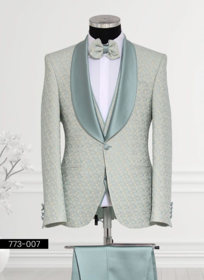 agant's Mint Green Floral Suit featuring intricate floral patterns with satin shawl lapels.