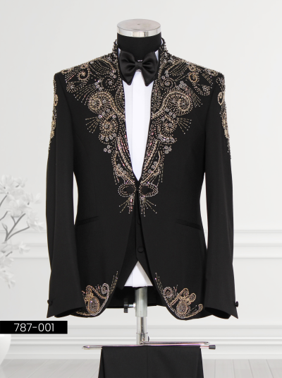 Vagant's Black Embroidered Suit featuring intricate gold and silver embroidery with satin peak lapels.