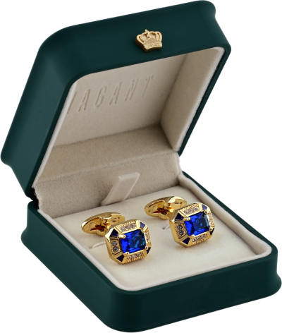 Royal Blue Cufflinks with gold and crystal details in velvet box.