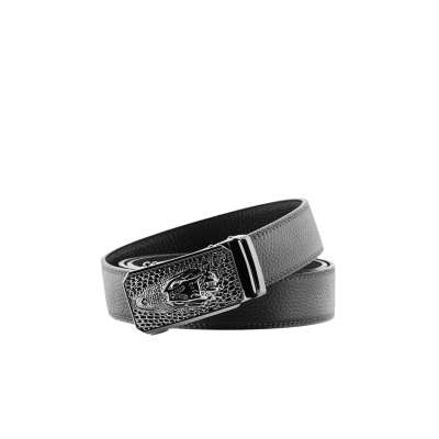 Men’s black leather belt with a silver crocodile-patterned buckle.