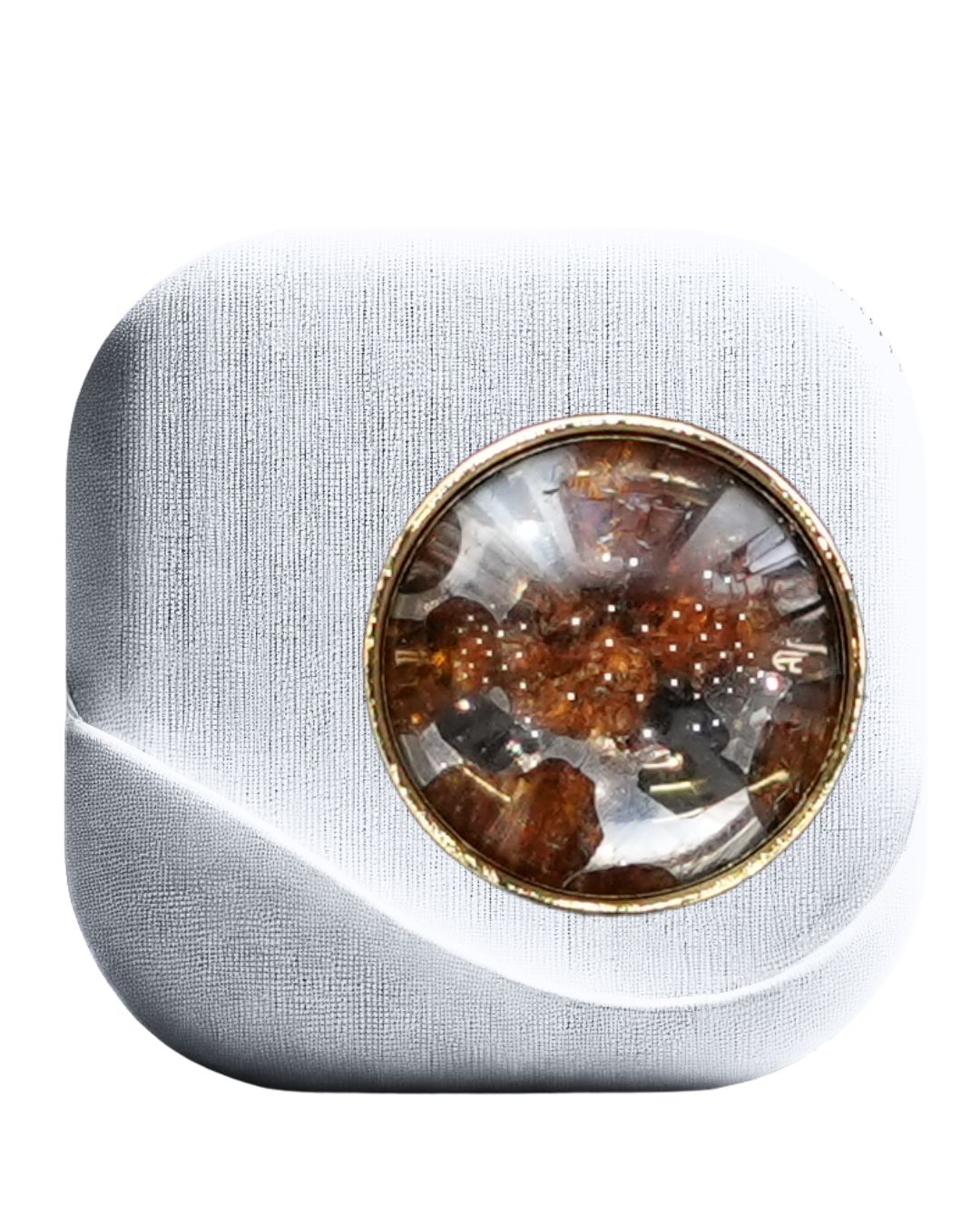 Handmade Meteorite Gemstone Button featuring cosmic patterns with a gold-finished rim.