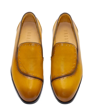 Stylish mustard leather shoes for men with studded detailing, perfect for business, casual, and semi-formal occasions.
