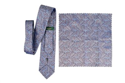 Luxury Paisley tie and matching pocket square set in blue and brown for formal occasions.