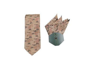 Floral tie and pocket square set in beige and pink with intricate floral pattern.