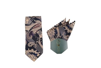 Elegant navy blue tie with paisley patterns and matching beige pocket square.