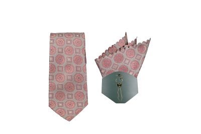Elegant pink tie with intricate patterns and matching pocket square.