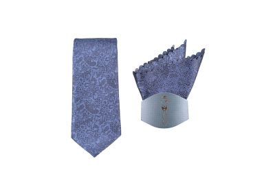 Elegant blue tie with floral patterns and matching pocket square for formal occasions.