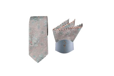 Elegant teal necktie with floral patterns and matching pocket square for formal occasions.