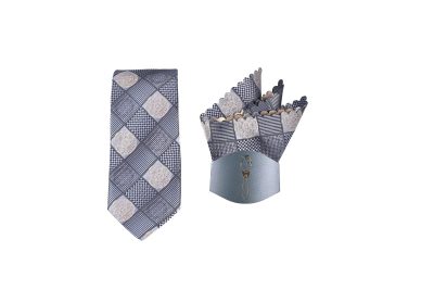 Luxury cream necktie with intricate patterns and matching pocket square.