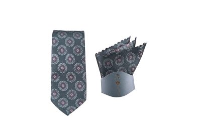 Elegant gray necktie with matching pocket square for formal occasions.