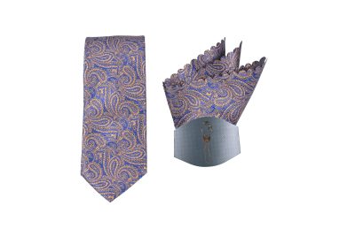 Blue and gold paisley necktie with matching pocket square for formal occasions.