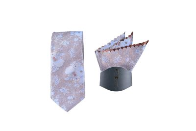 Luxury blue floral necktie with matching pocket square, ideal for formal occasions.