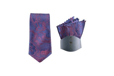 Luxury purple and red paisley necktie with matching pocket square, ideal for formal occasions.