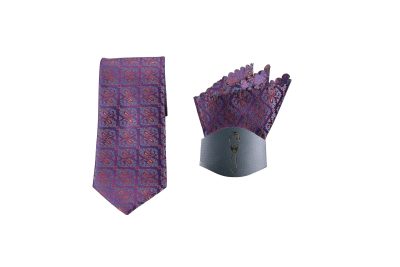 Elegant purple paisley necktie with matching pocket square featuring intricate paisley designs in red, blue, and gold.