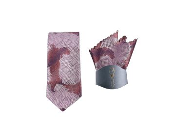 Elegant purple necktie with matching pocket square featuring paisley patterns in burgundy, gold, and cream.