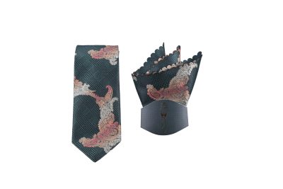 Elegant green paisley necktie with matching pocket square featuring coral, silver, and beige paisley patterns, perfect for formal events.