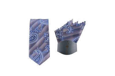 Elegant navy blue paisley necktie with matching pocket square, featuring intricate paisley designs in blue and white.