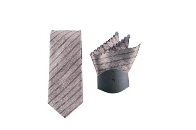 Elegant striped necktie with matching pocket square in gray and burgundy, perfect for formal and business events.