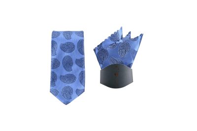Elegant blue paisley necktie with matching pocket square featuring a dark blue paisley pattern, perfect for formal events.