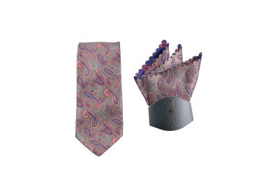 Elegant paisley necktie and matching pocket square set with red and blue patterns on a gray background, ideal for formal events.
