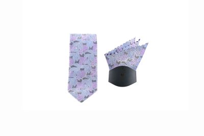 Elegant lavender necktie with matching pocket square featuring a floral pattern in light blue and gray.
