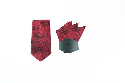 Luxury red necktie and matching pocket square set with a black design, ideal for formal events.