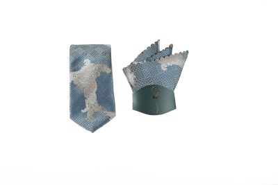 Luxury blue necktie and matching pocket square set with a grid design and silver floral accents.