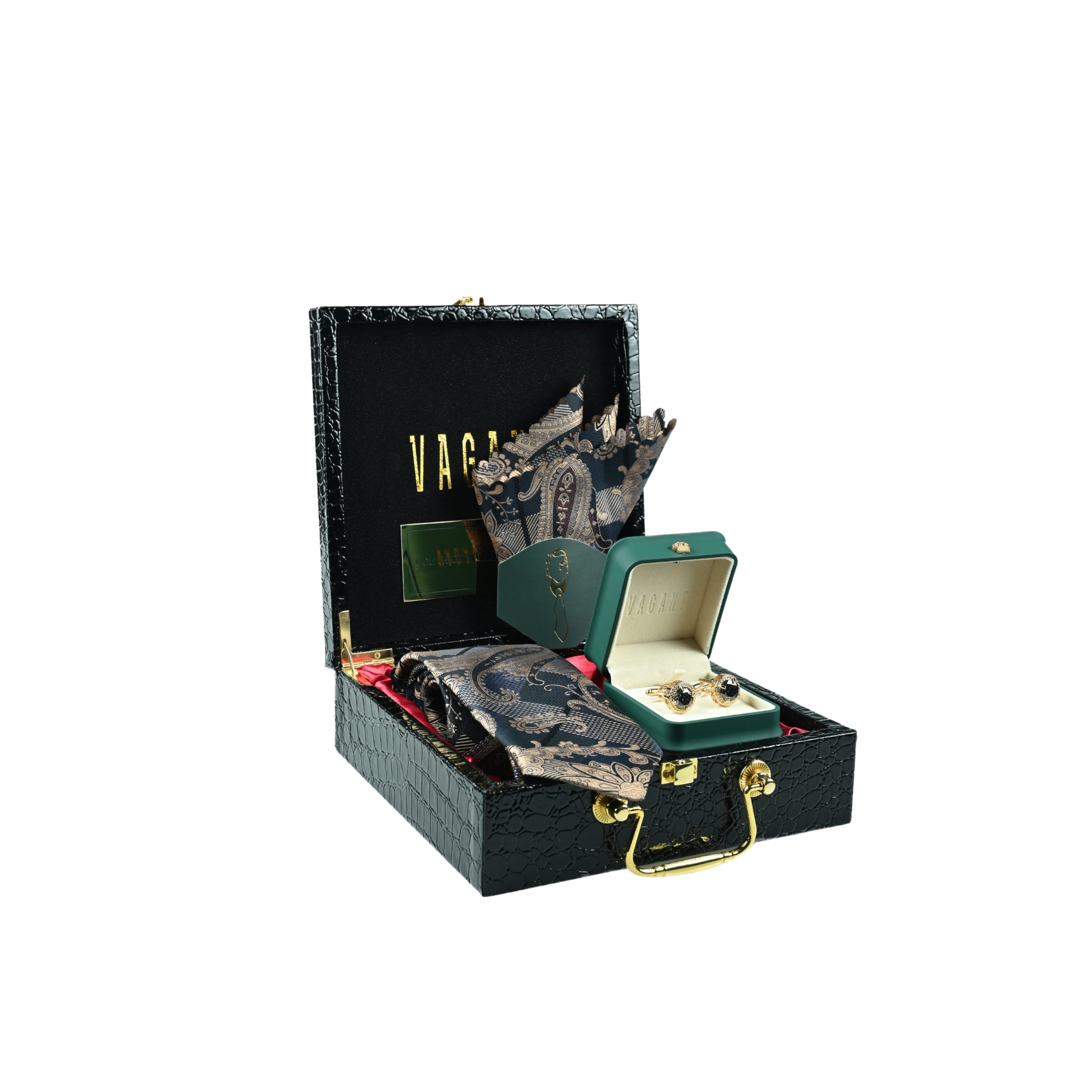Vagant luxury gift set with paisley necktie, cufflinks, and pocket square, beautifully packaged in a premium black box.